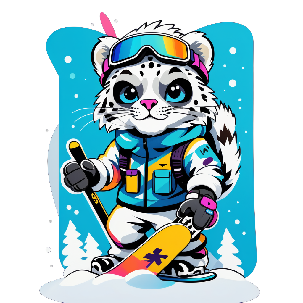 Ein Schneeleopard mit Skibrille in der linken Hand und einem Snowboard in der rechten Hand sticker