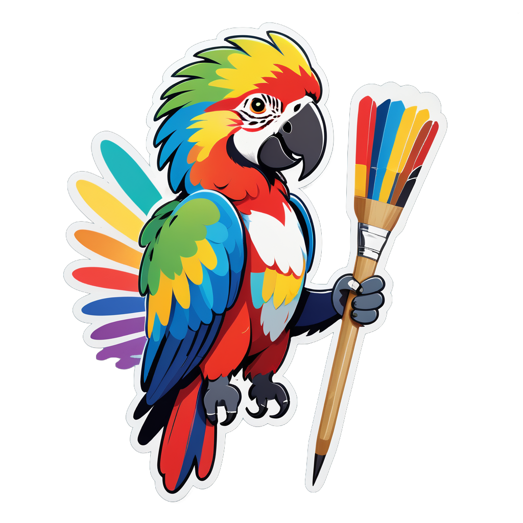 Ein Ara mit einem Pinsel in der linken Hand und einer Farbpalette in der rechten Hand sticker