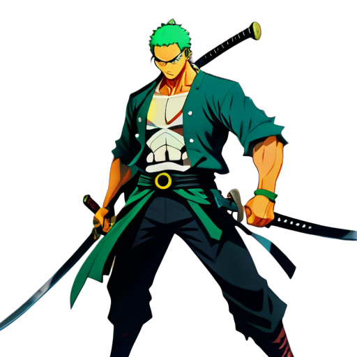 En un mundo donde el choque de acero resuena a través de valles brumosos y paisajes escabrosos, existe un legendario espadachín conocido como Zoro. Con sus tres espadas atadas a su espalda y una determinación inquebrantable ardiendo en sus ojos, Zoro atraviesa los vastos mares y tierras traicioneras en busca de su objetivo final. Pero el destino es una amante caprichosa, y Zoro se ve envuelto en una serie de peligrosas... sticker