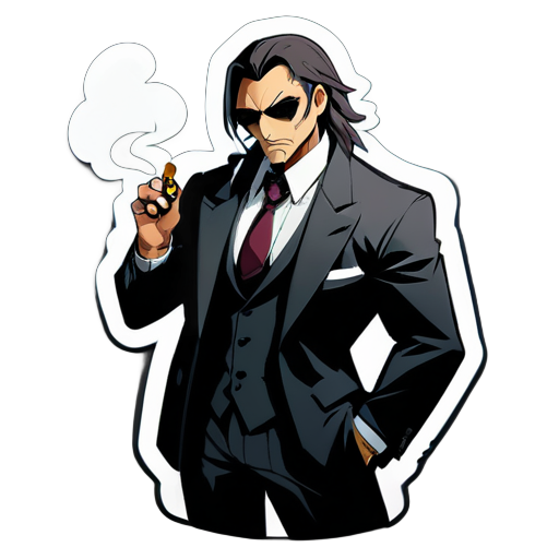 Leon dibujado version anime de mafia super fuerte, vestido con traje, fumandose un cigarro sticker