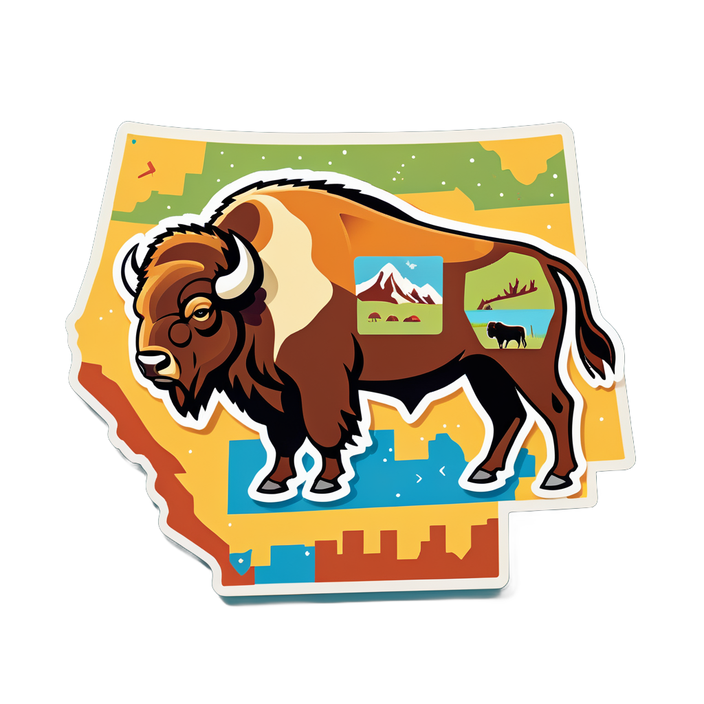 Ein Bison mit einem Westernsattel in seiner linken Hand und einer Karte der Prärie in seiner rechten Hand sticker