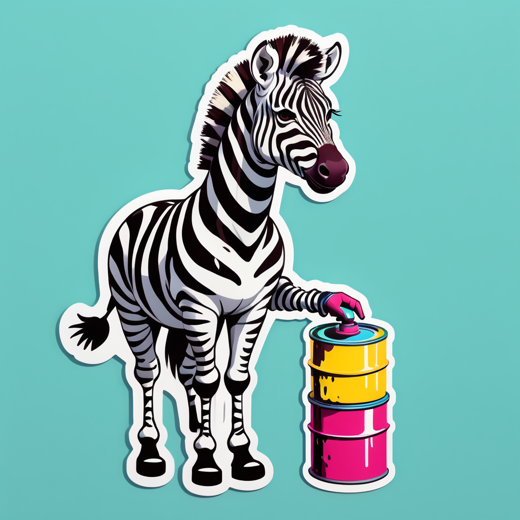 Uma zebra com uma lata de tinta na mão esquerda e um rolo de pintura na mão direita sticker