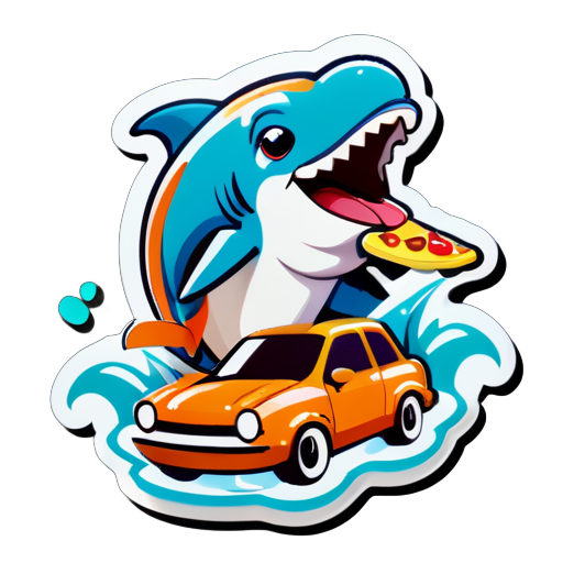 Một con cá heo đang ăn pizza và lái xe sticker