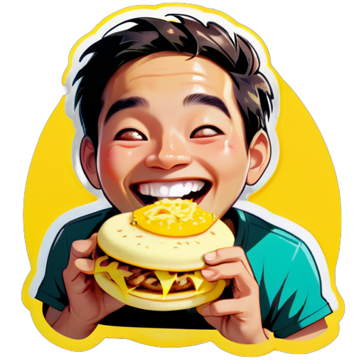 Generar una imagen de una persona alegre y sonriente comiendo una arepa amarilla rellena de carne mechada. sticker