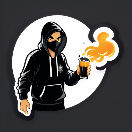 un supporter de football cagoulé et habillé en noir sans motif sur les vêtements. Il tient dans sa main droite une bière et dans sa main gauche il tient un bâton de fumigène. Il y a de la fumée qui en sort. sticker