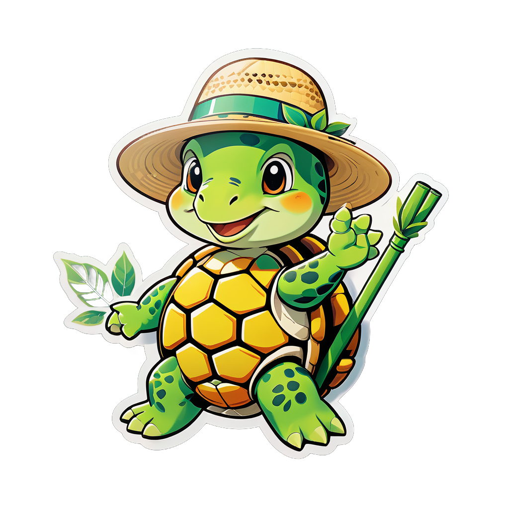 Eine Schildkröte mit einem Blatt in der linken Hand und einem Strohhut in der rechten Hand sticker