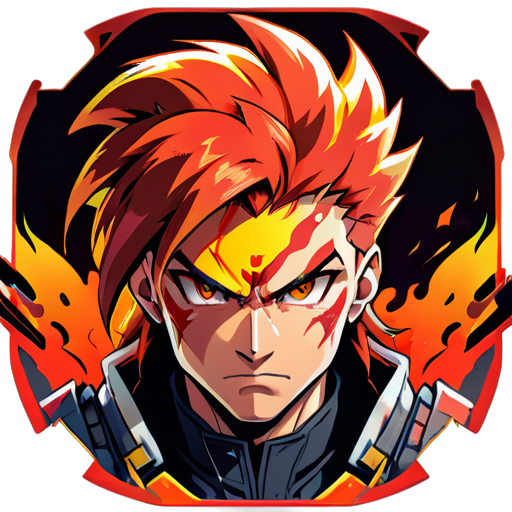 Face: A determined and focused facial expression, reflecting the intensity of battle.
Hair: Wild and fiery, symbolizing the chaotic nature of combat. Consider incorporating flames or dynamic shapes into the hair design.
Eyes: Sharp and intense, conveying the readiness for action. Colors like red, orange, or yellow can evoke the fiery theme of the game.
Background: A backdrop of a battlefield or a  sticker