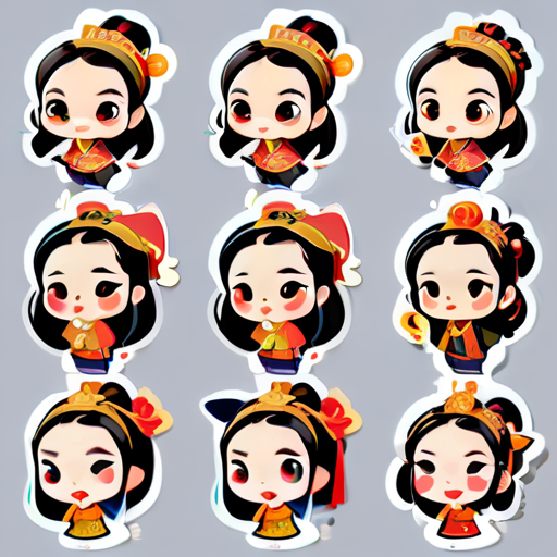 cute and humorous chinese ancient girl in a version, with big eyes, stickers, 16 different facial expressions, expression board, various poses and expressions, anthropomorphic style, ancient and classical style, displaying a variety of emotions., in clothes sticker