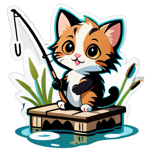 Gatinho Pescador: Um gatinho sentado na beira de um lago com uma vara de pescar, olhando curioso para um peixe pulando. sticker