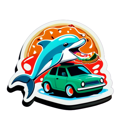 Một con cá heo đang ăn pizza khi lái xe sticker