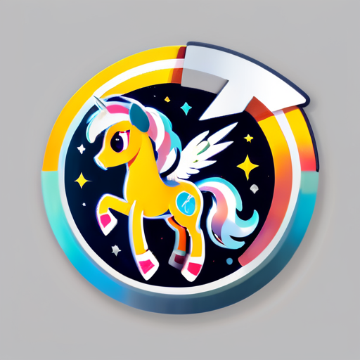 cohete de metal con un dibujo de un pony metálico con alas color plateado en el costado del cohete, todo esto dentro de un circulo sticker