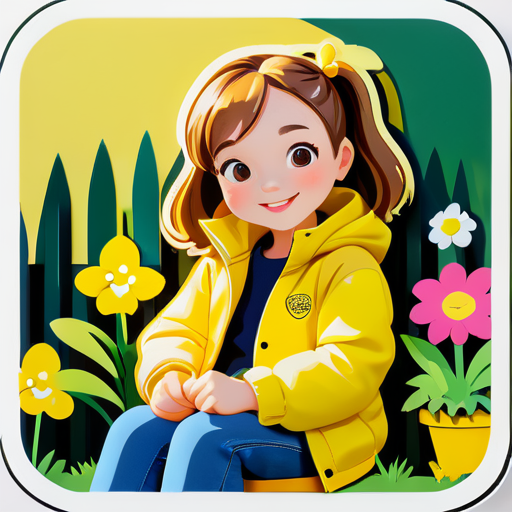 Jeune fille avec une veste jaune assise dans son jardin sticker