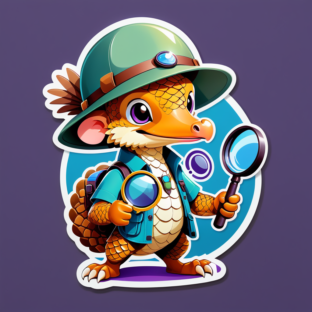 Ein Pangolin mit einem Forscherhut in der linken Hand und einer Lupe in der rechten Hand sticker