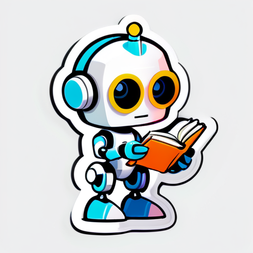 a cute robot reading a book, sticker, white background, hyperdetailed sticker