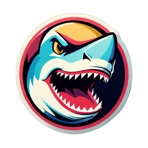 Requin face, regardant droit devant, cool, style rétro américain, riches en couleurs, sticker