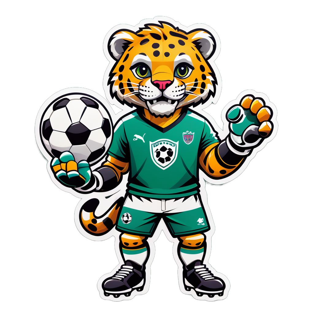 Ein Jaguar mit einem Fußball in seiner linken Hand und einem Torwarthandschuh in seiner rechten Hand sticker