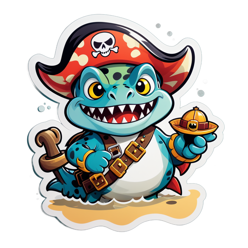 Un piranha avec un chapeau de pirate dans sa main gauche et une carte au trésor dans sa main droite sticker