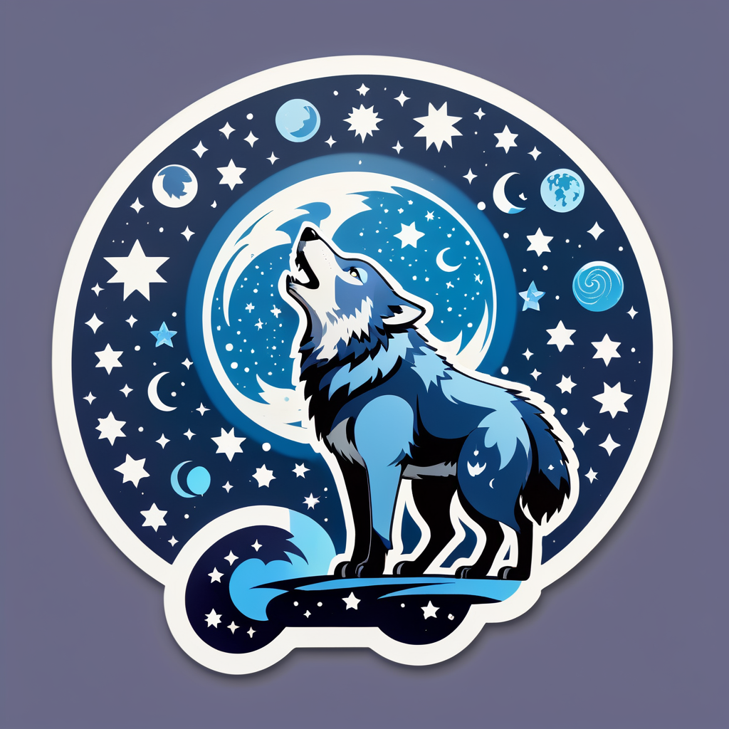 Ein Wolf mit einem Mondanhänger in seiner linken Hand und einer Sternenkarte in seiner rechten Hand sticker