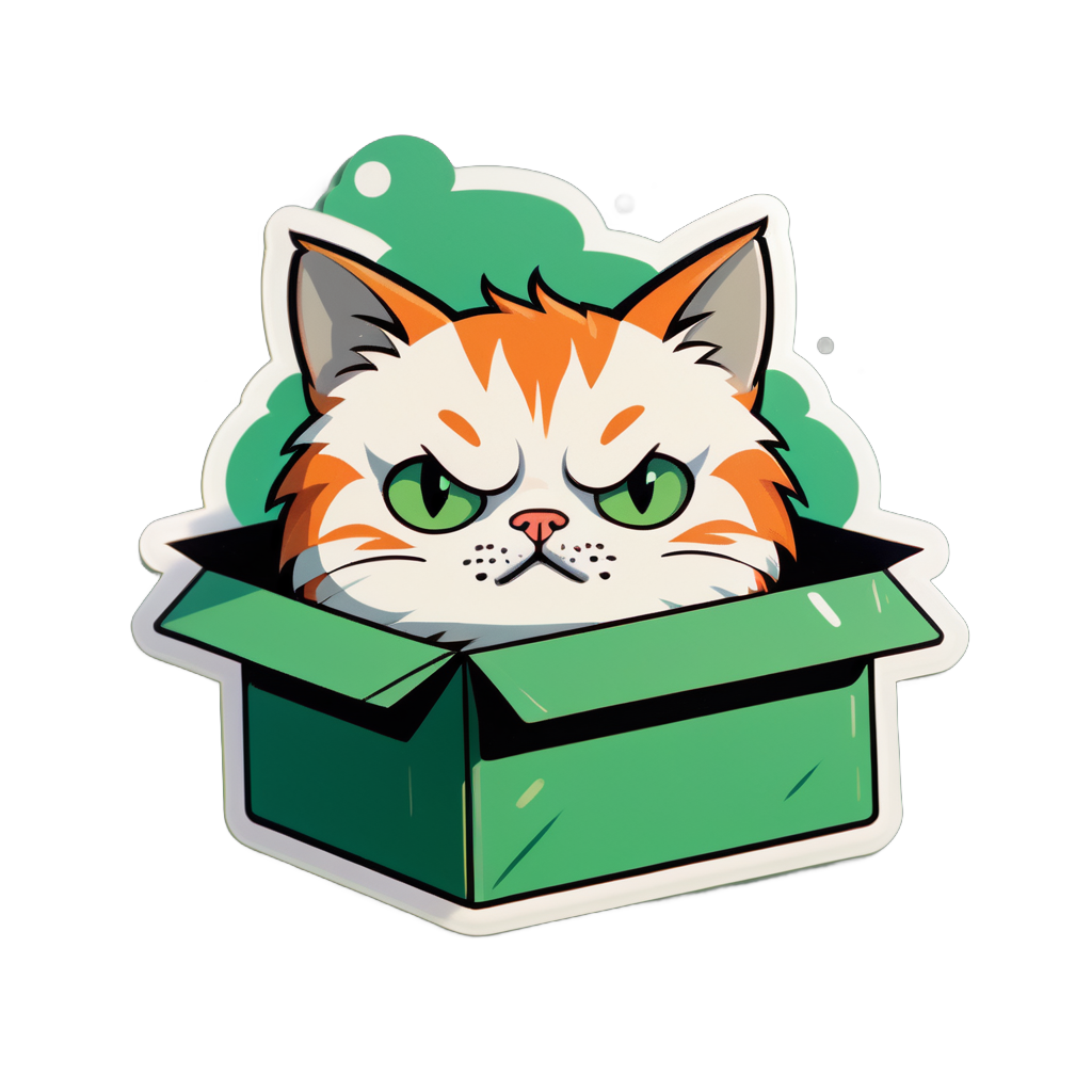 Traurige Katze in Box: Klein, niedergeschlagen in Pappkarton, sehnsüchtige grüne Augen. sticker