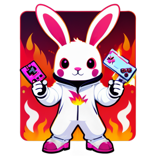 Un personnage de lapin stylisé dans une combinaison de lapin blanche, avec de longues oreilles, se tient avec confiance devant un fond de flammes et d'éléments de jeu. Avec une main tenant une manette de jeu et l'autre faisant un pouce levé, le personnage dégage de l'énergie et de l'excitation. Principalement blanc avec des accents roses, le logo capture l'esprit ludique du pack de lapin Free Fire tout en incorporant du rouge feu. sticker