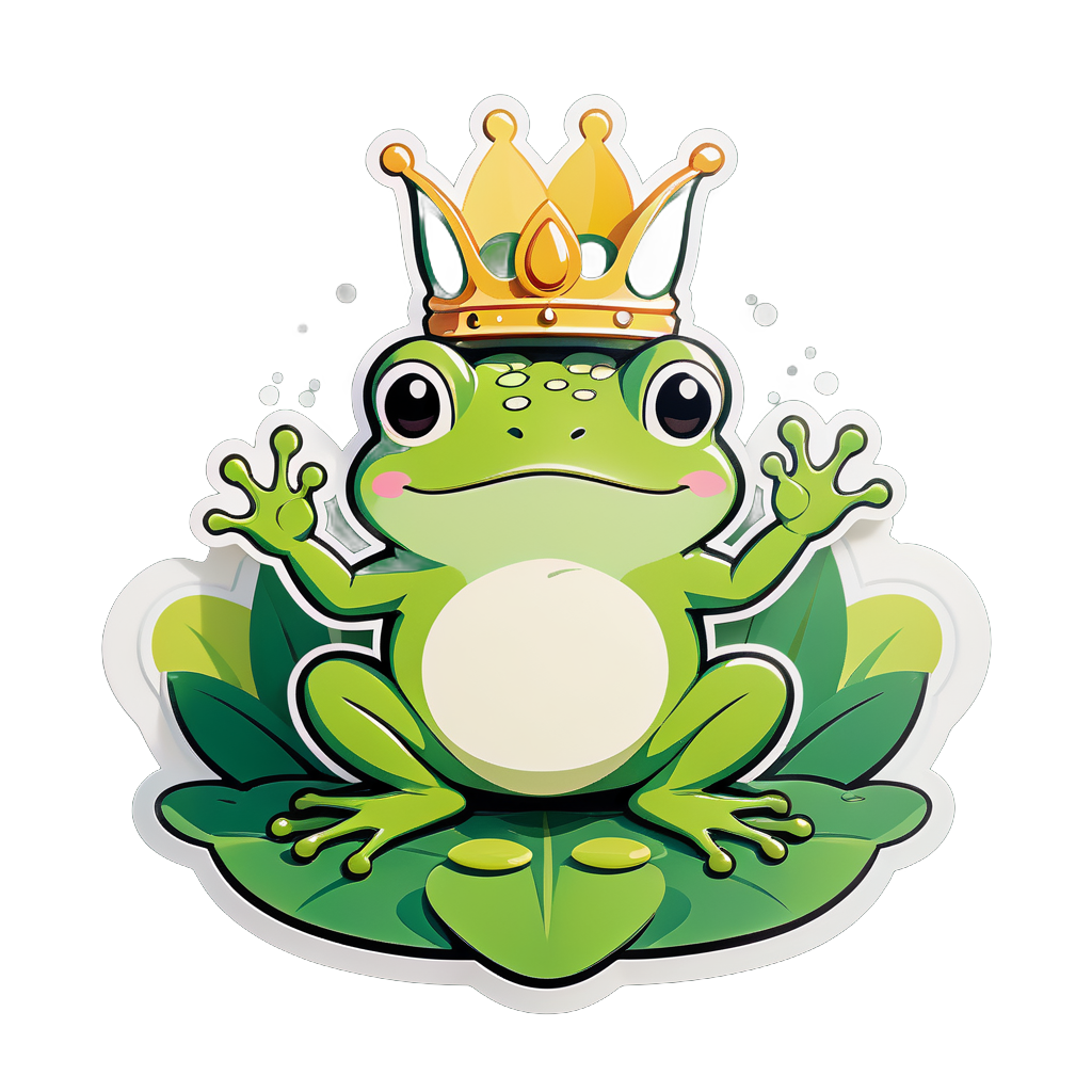 Ein Frosch mit einem Seerosenblatt in der linken Hand und einer Krone in der rechten Hand sticker