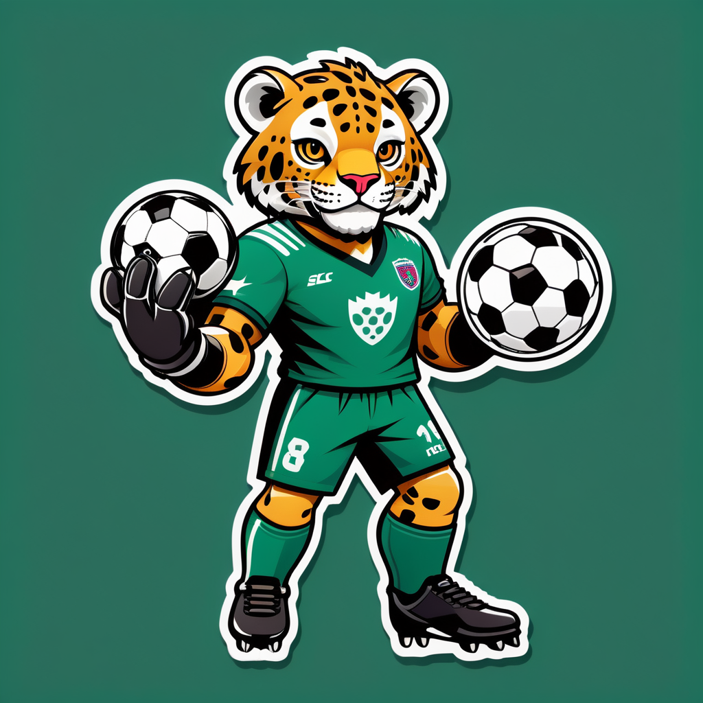 Ein Jaguar mit einem Fußball in seiner linken Hand und einem Torwarthandschuh in seiner rechten Hand sticker