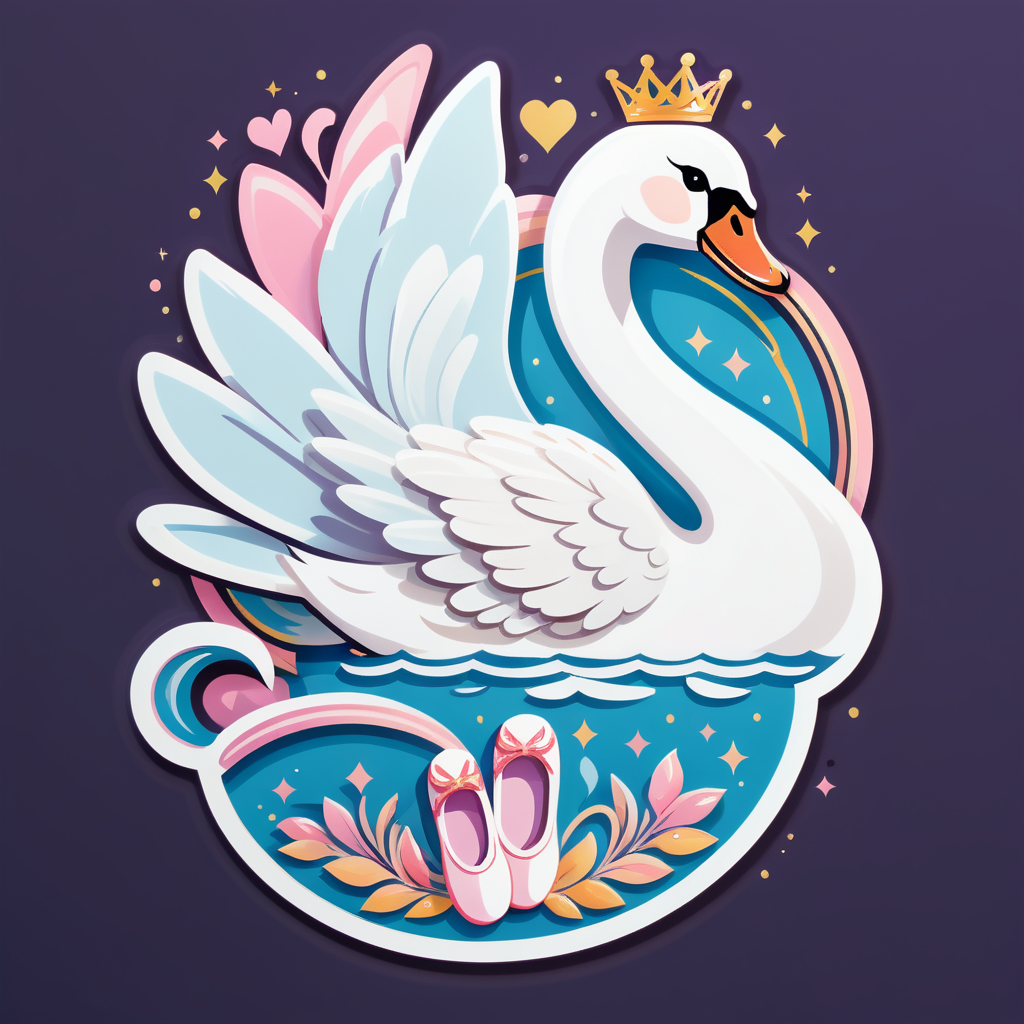 Ein Schwan mit einem Ballettschuh in der linken Hand und einer Tiara in der rechten Hand sticker