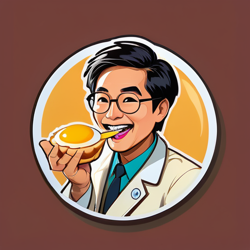 Un médecin asiatique mange des tartelettes aux œufs portugaises sticker