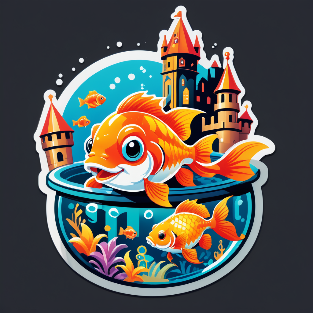 Ein Goldfisch mit einem Schlossornament in seiner linken Hand und einer Schatztruhe in seiner rechten Hand sticker