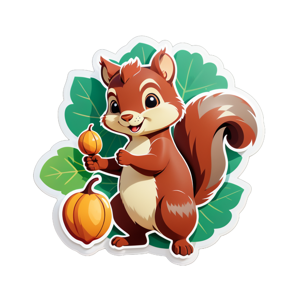 Ein Eichhörnchen mit einer Eichel in seiner linken Hand und einem Blatt in seiner rechten Hand sticker