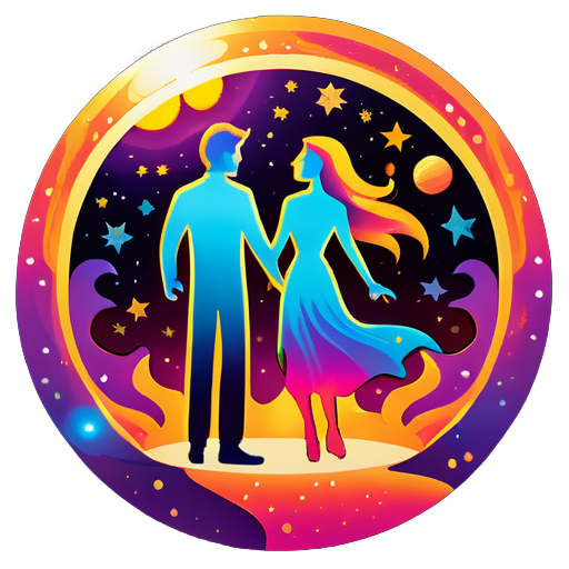 Dans l'espace, il y a deux soleils et plusieurs étoiles, chaque soleil a une personne debout dessus, les deux personnes se regardent, chacune entourée d'une flamme colorée, un homme et une femme. sticker