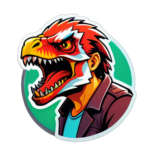 Erstelle Sticker von Ark mit einem wütenden, erschöpften Mann mit einem Raptor sticker