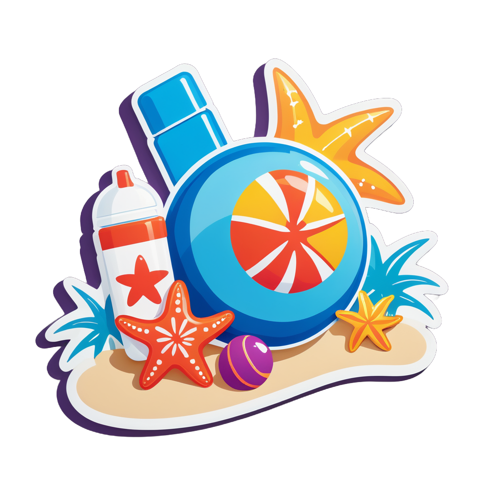 Ein Seestern mit einem Strandball in der linken Hand und einer Sonnencreme-Flasche in der rechten Hand sticker