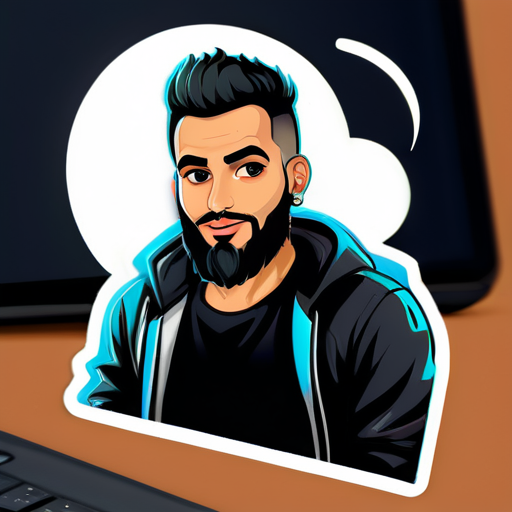 Me gustaría un sticker de mí, soy un chico de 29 años de Marruecos, muy bajo de estatura, con cabello corto y barba corta, trabajo en programación, así que necesito una laptop en el sticker con un fondo de hacker, tengo ojos rasgados y un cuerpo fuerte, ¿puedo tener todo el cuerpo en el sticker con la laptop sin tatuajes? sticker