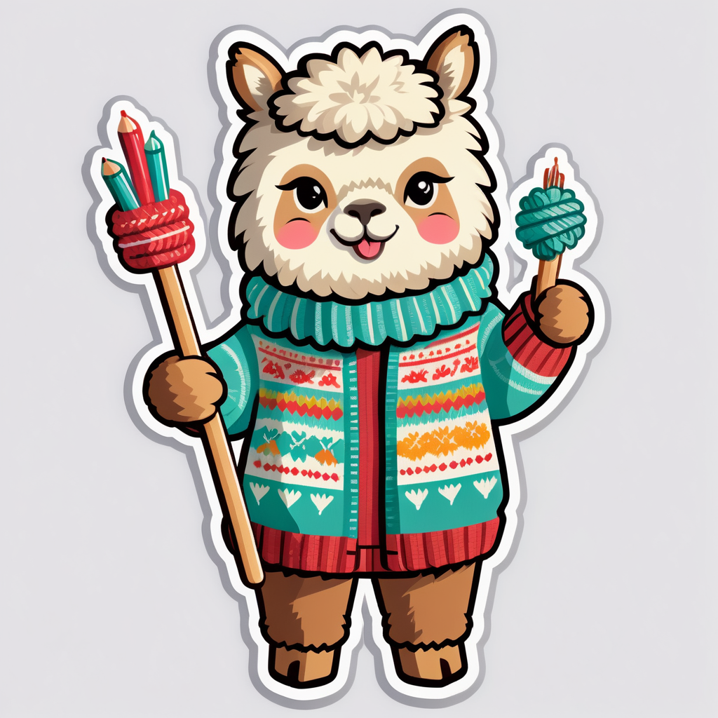 Ein Alpaka mit einem wolligen Pullover in der linken Hand und Stricknadeln in der rechten Hand sticker