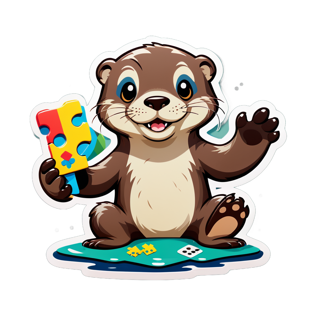 Ein Otter mit einem Puzzlestück in seiner linken Hand und einem Spielbrett in seiner rechten Hand sticker