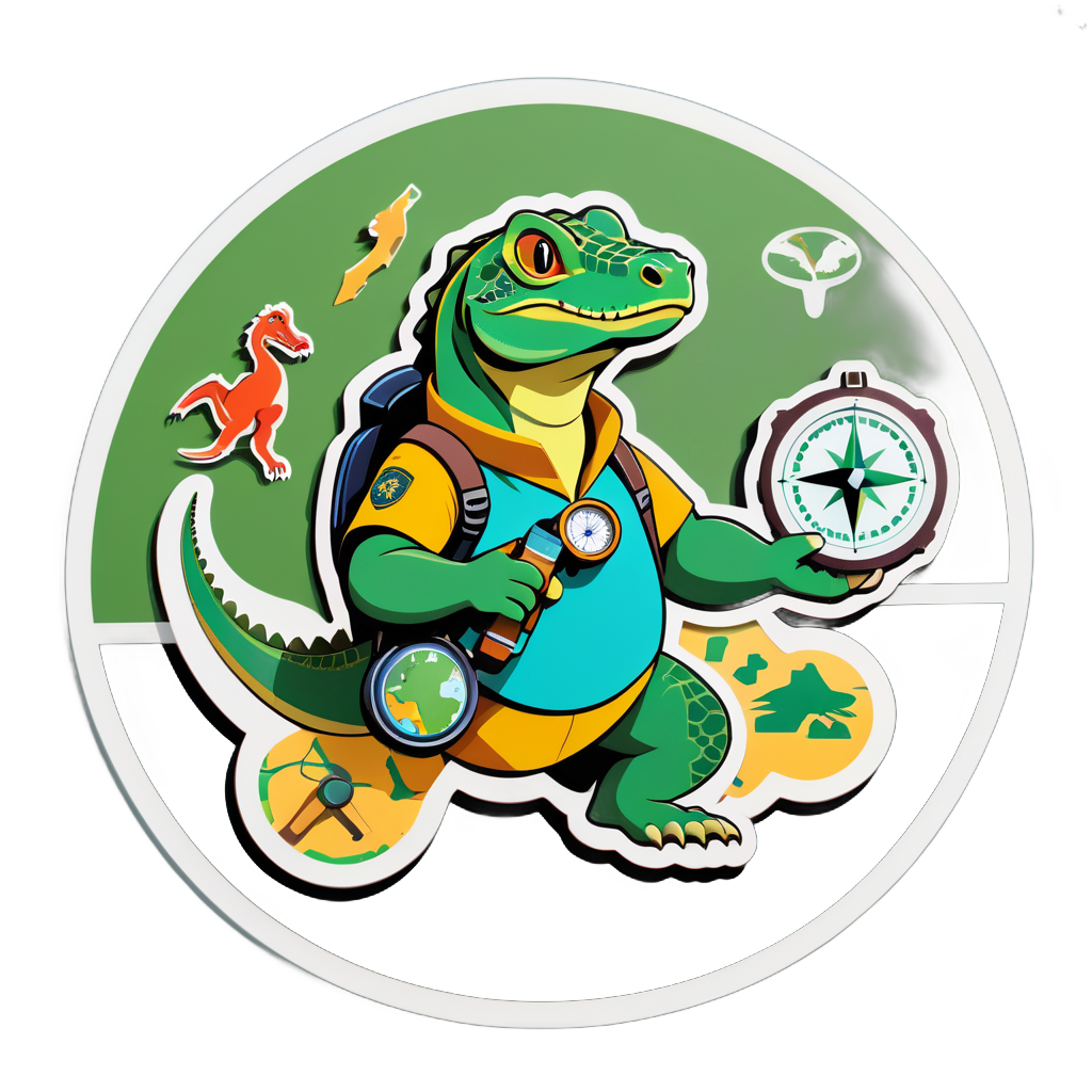 Un dragon de Komodo avec une boussole d'explorateur dans sa main gauche et une carte dans sa main droite sticker