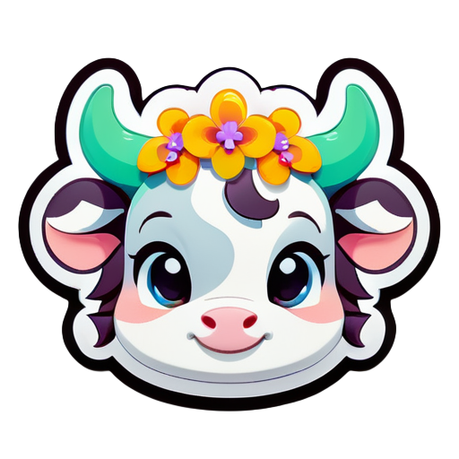 A cute cartoon calf avatar wearing a garland of flowers on its head. sticker