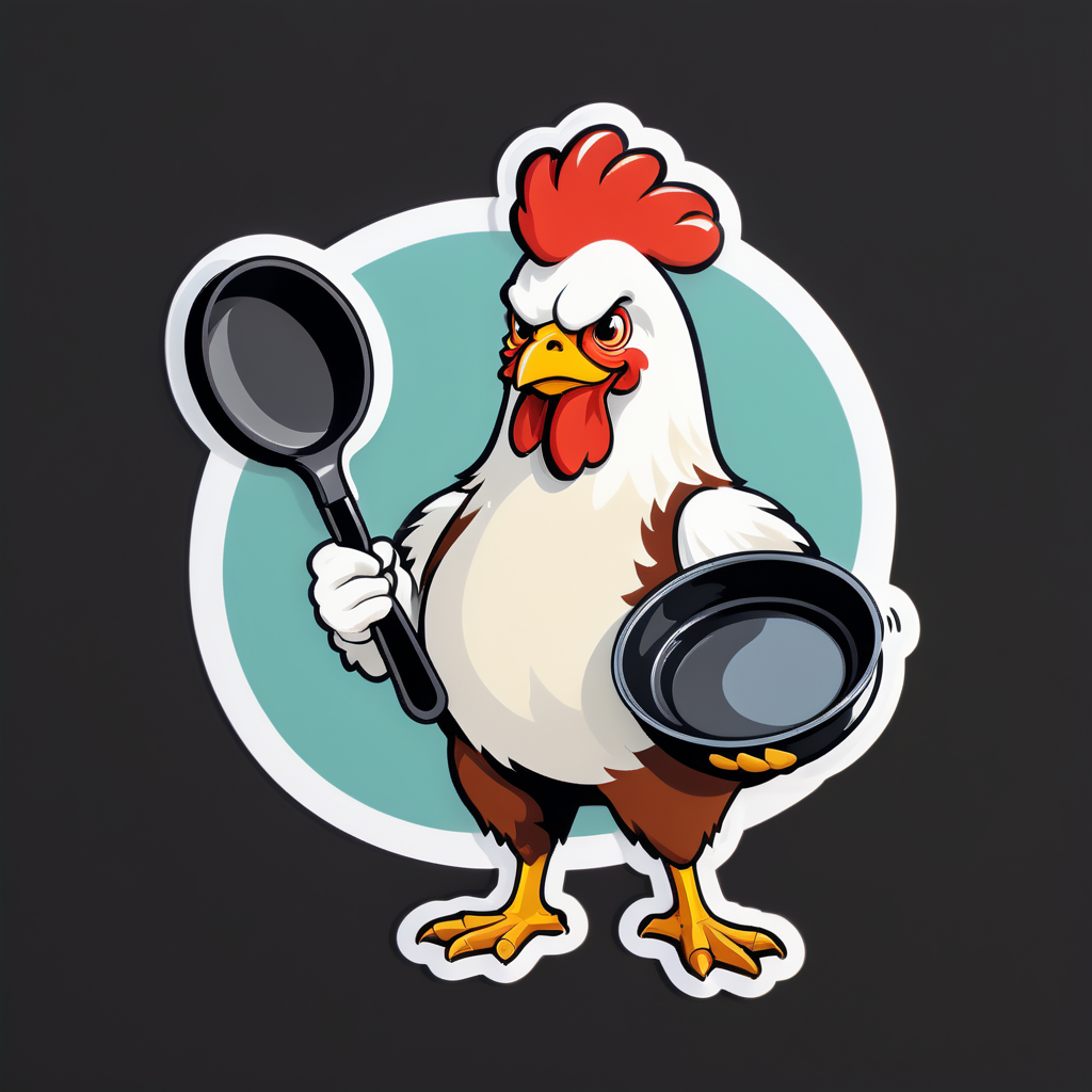 Ein Huhn mit einem Ei in der linken Hand und einer Bratpfanne in der rechten Hand sticker