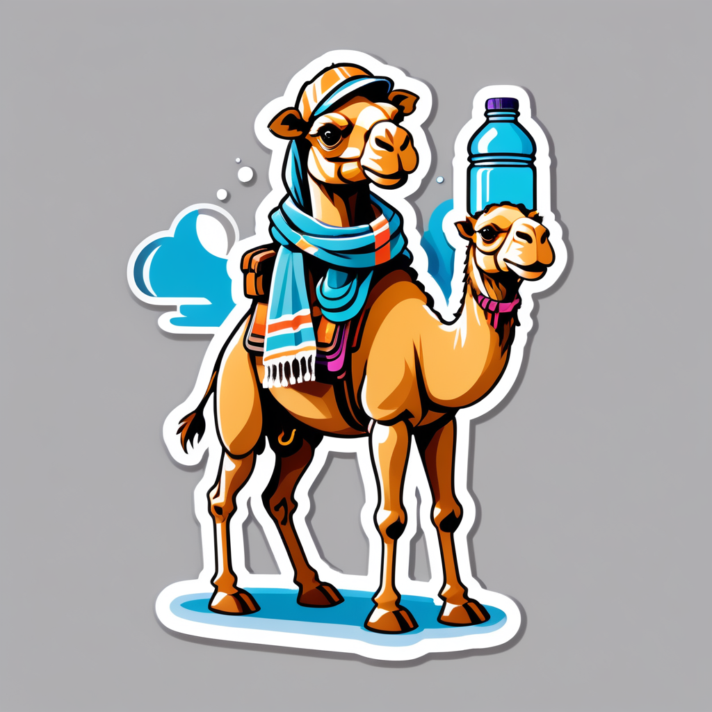 Ein Kamel mit einer Wasserflasche in der linken Hand und einem Wüstenschal in der rechten Hand sticker