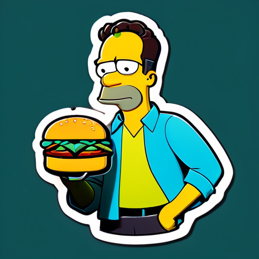 Frank Grimes (Les Simpson) version mince, avec un look sexy et charmant, tenant un burger sticker