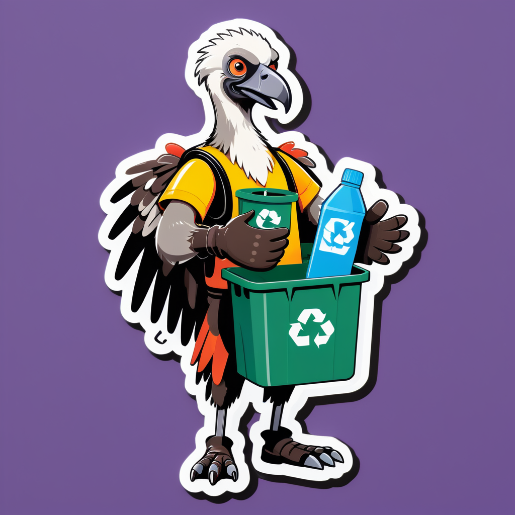 Ein Geier mit einem Recyclingbehälter in seiner linken Hand und einem Reinigungshandschuh in seiner rechten Hand sticker