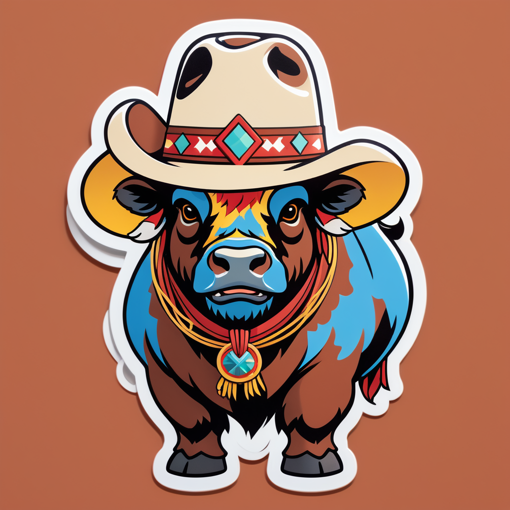 Ein Büffel mit einem Westernhut in der linken Hand und einem Lasso in der rechten Hand sticker