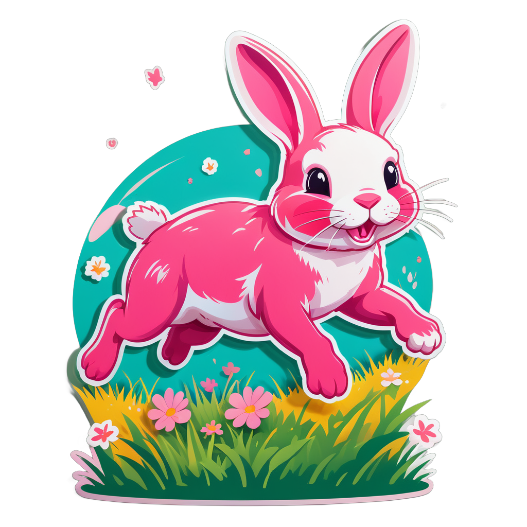 Lapin rose sautillant dans un pré sticker