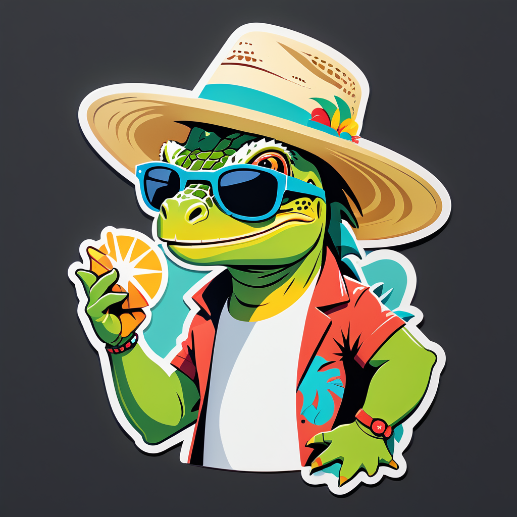 Eine Leguan mit einem Sonnenhut in der linken Hand und einer Sonnenbrille in der rechten Hand sticker