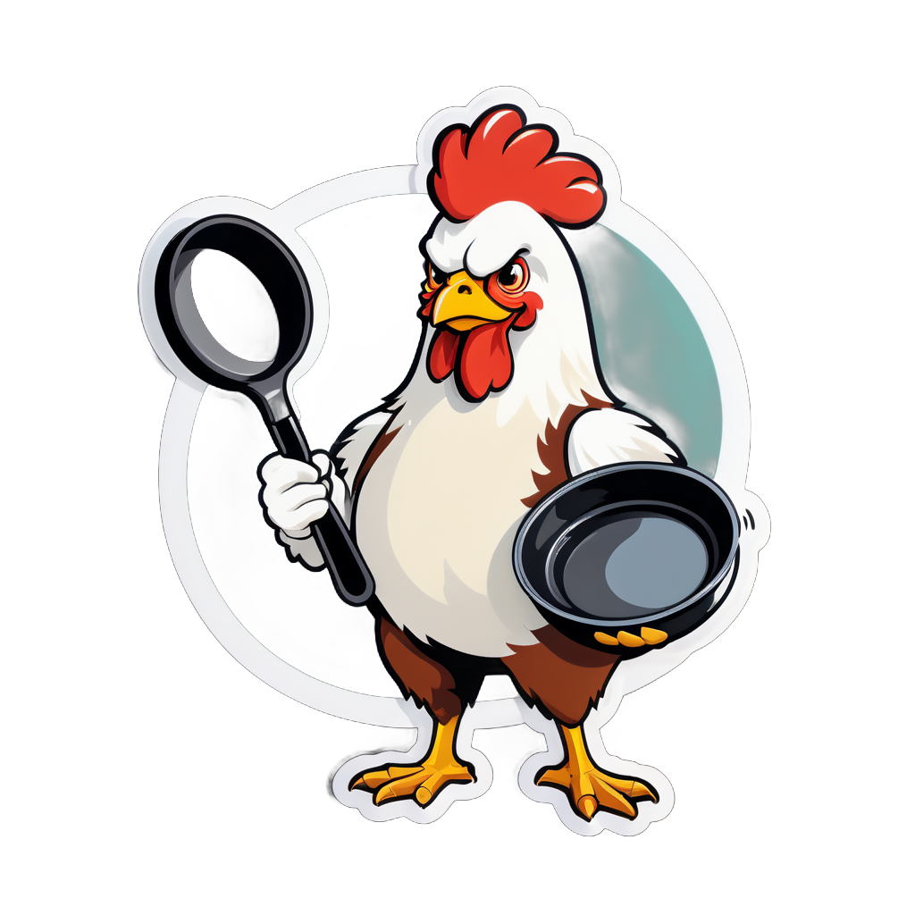 Ein Huhn mit einem Ei in der linken Hand und einer Bratpfanne in der rechten Hand sticker