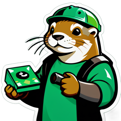 Otter mit Brettspiel in der einen Hand und Torhammer in der anderen. Das alles im grünen Getriebe sticker