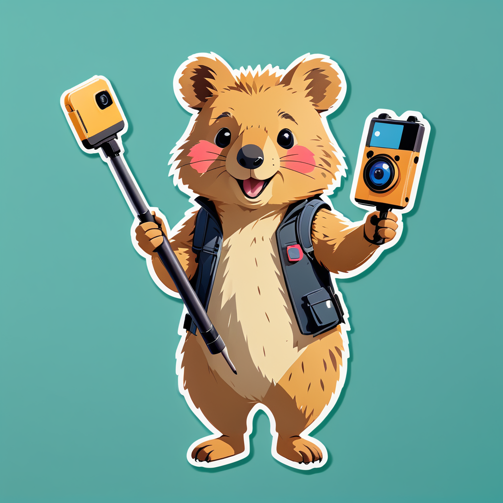 Ein Quokka mit einem Selfie-Stick in der linken Hand und einer Kamera in der rechten Hand sticker