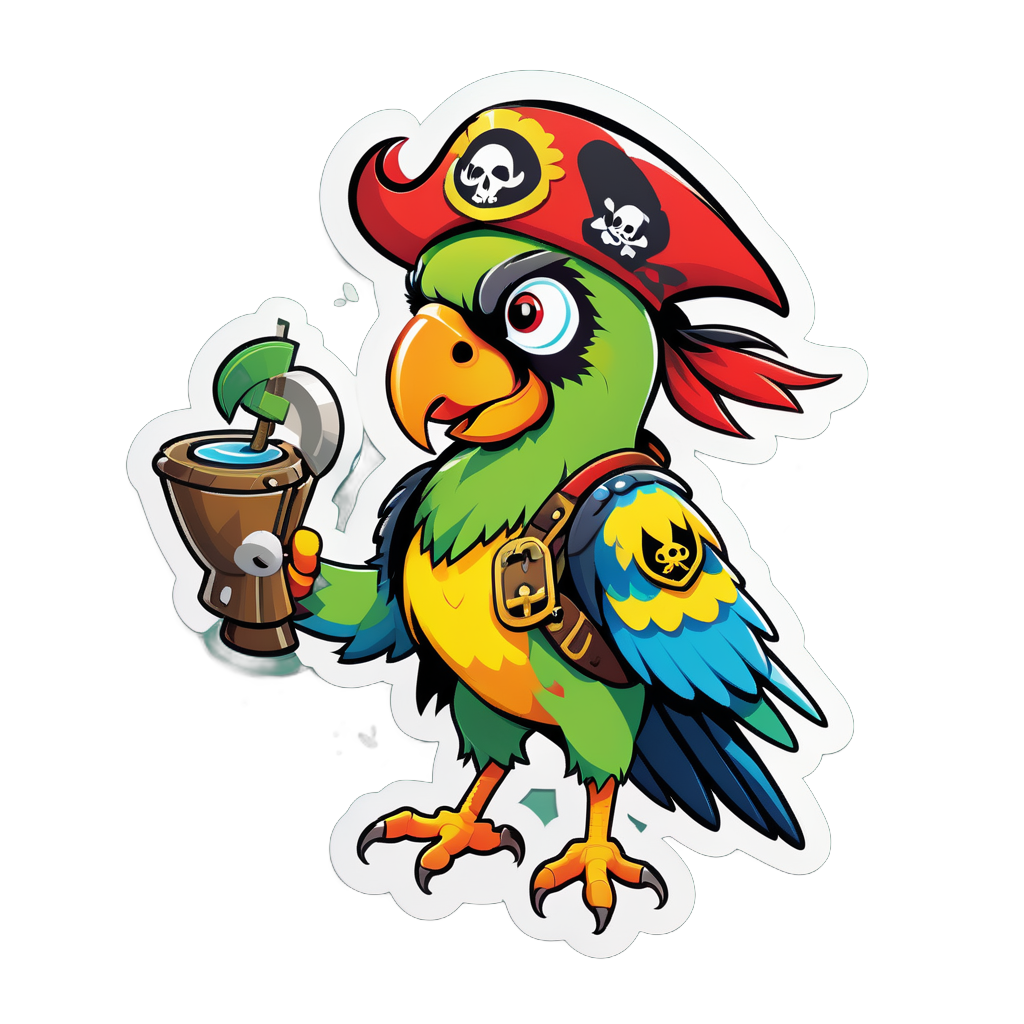 Ein Papagei mit einem Piratenhut in seiner linken Hand und einer Schatzkarte in seiner rechten Hand sticker