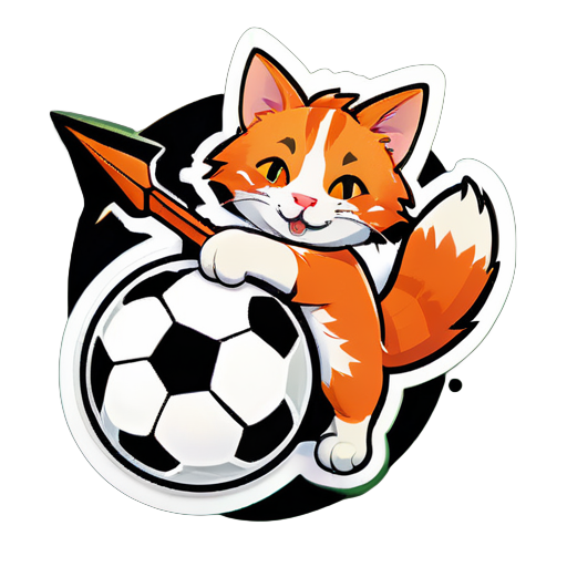 Le chat orange est couché sur le ballon de football, portant un arc et des flèches sticker